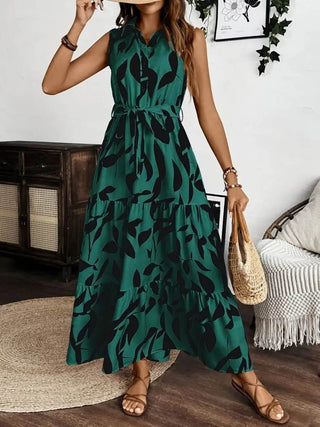 Printed Tie Waist Sleeveless Maxi Dress - Just Believe Boutique