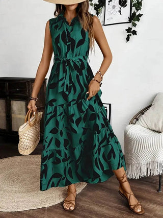 Printed Tie Waist Sleeveless Maxi Dress - Just Believe Boutique