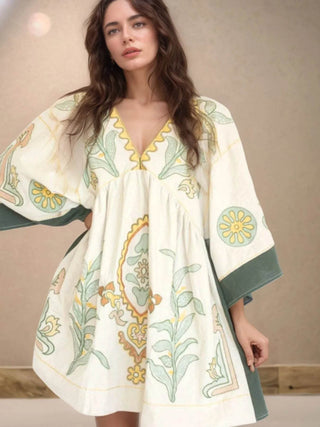 Printed V-Neck Kimono Sleeve Mini Dress - Just Believe Boutique