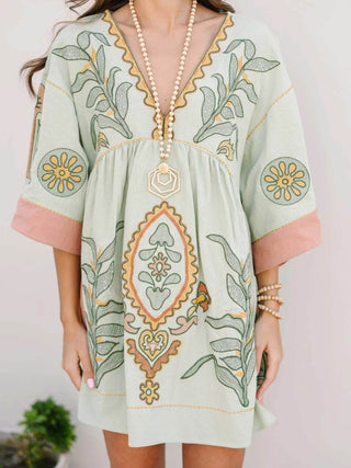Printed V-Neck Kimono Sleeve Mini Dress - Just Believe Boutique