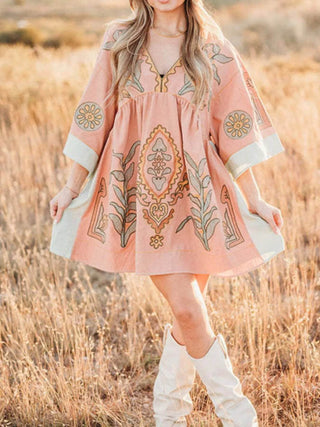 Printed V-Neck Kimono Sleeve Mini Dress - Just Believe Boutique