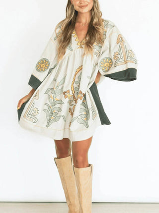 Printed V-Neck Kimono Sleeve Mini Dress - Just Believe Boutique