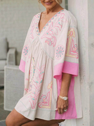 Printed V-Neck Kimono Sleeve Mini Dress - Just Believe Boutique