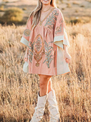 Printed V-Neck Kimono Sleeve Mini Dress - Just Believe Boutique