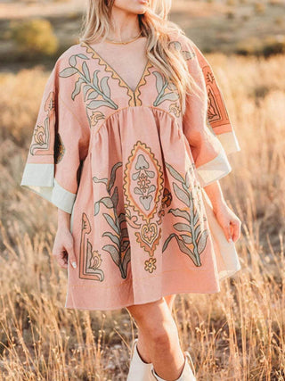 Printed V-Neck Kimono Sleeve Mini Dress - Just Believe Boutique