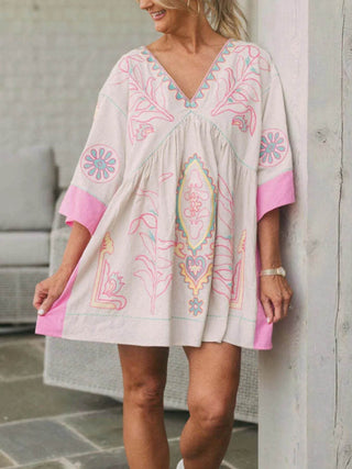 Printed V-Neck Kimono Sleeve Mini Dress - Just Believe Boutique