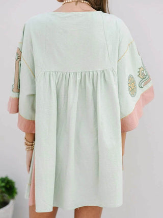 Printed V-Neck Kimono Sleeve Mini Dress - Just Believe Boutique