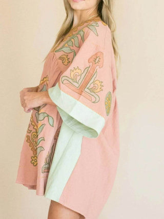 Printed V-Neck Kimono Sleeve Mini Dress - Just Believe Boutique