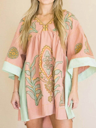 Printed V-Neck Kimono Sleeve Mini Dress - Just Believe Boutique