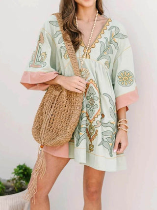 Printed V-Neck Kimono Sleeve Mini Dress - Just Believe Boutique