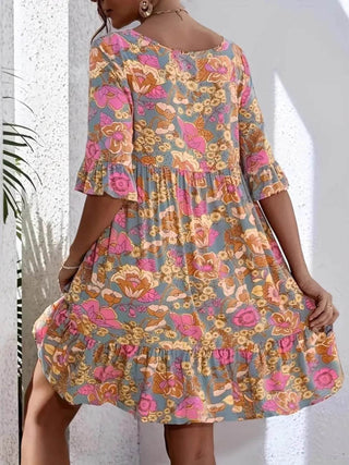 Printed V-Neck Tiered Dress - Just Believe Boutique
