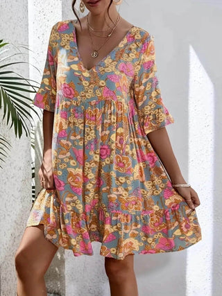 Printed V-Neck Tiered Dress - Just Believe Boutique