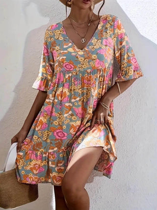 Printed V-Neck Tiered Dress - Just Believe Boutique