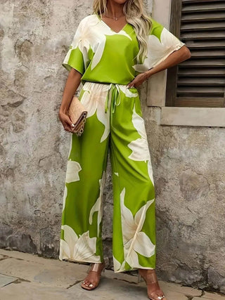 Printed V - Neck Top and Pants Set - Just Believe Boutique