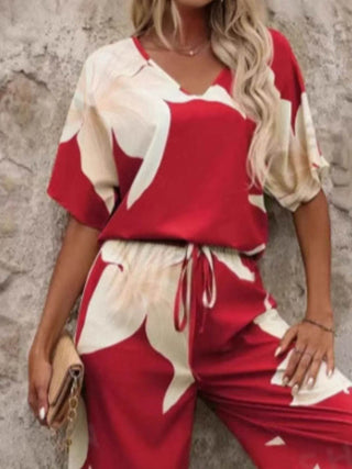 Printed V-Neck Top and Pants Set - Just Believe Boutique
