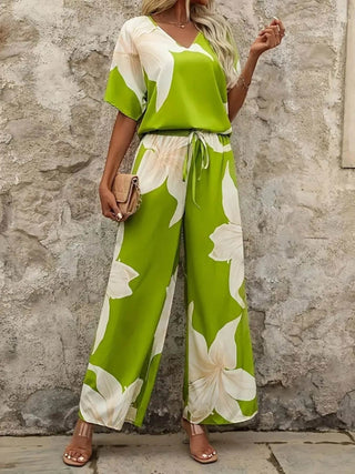 Printed V-Neck Top and Pants Set - Just Believe Boutique