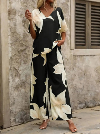 Printed V - Neck Top and Pants Set - Just Believe Boutique