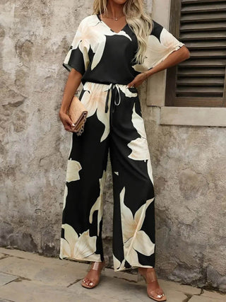 Printed V - Neck Top and Pants Set - Just Believe Boutique