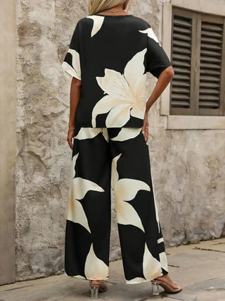 Printed V - Neck Top and Pants Set - Just Believe Boutique