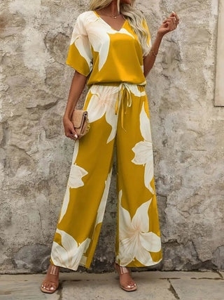 Printed V-Neck Top and Pants Set - Just Believe Boutique