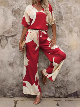 Printed V-Neck Top and Pants Set - Just Believe Boutique