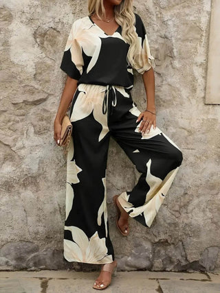 Printed V - Neck Top and Pants Set - Just Believe Boutique
