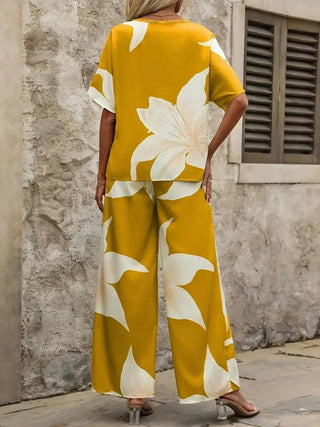 Printed V-Neck Top and Pants Set - Just Believe Boutique