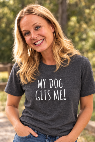 Woman wearing the charcoal My Dog Gets Me! relaxed tee