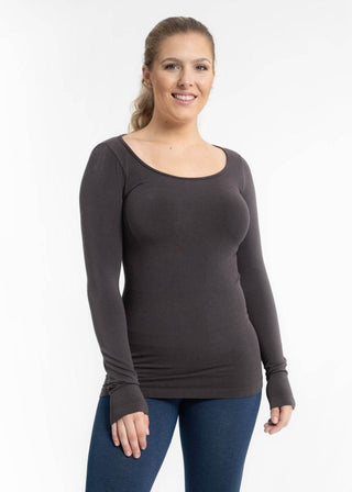 Dark charcoal reversible long-sleeve top with scoop neckline, front view