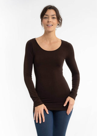 Reversible long-sleeve top, dark brown, scoop neck, fitted front view