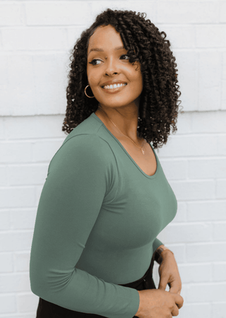 Curvy-fit smoke green long-sleeve top