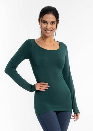 Reversible long-sleeve top, dark green crew neck with fitted silhouette