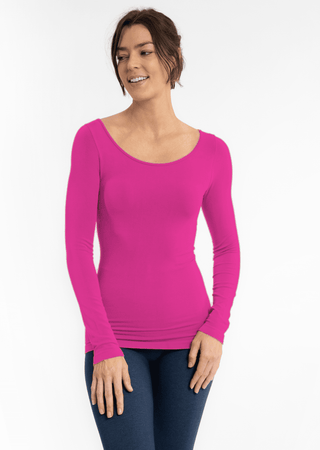 Reversible long-sleeve top in magenta, scoop neck, fitted long sleeves, straight hem