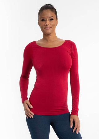 Red long-sleeve fitted top with scoop neckline, front view