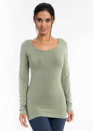 Sage green reversible long-sleeve top with scoop neckline, smooth fitted sleeves