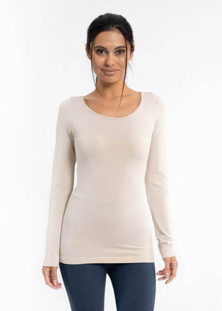 Reversible long sleeve top, sand shell color, crew neck, fitted long sleeves