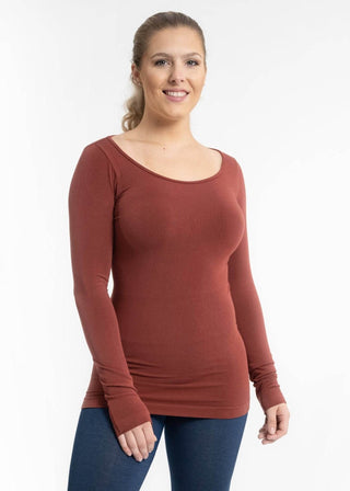 Reversible long sleeve top, rust red, scoop neckline, fitted long sleeves