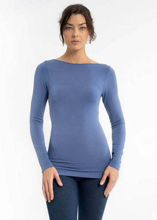 Steel blue long-sleeve fitted top with scoop neck