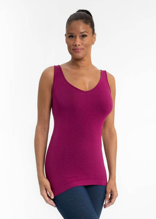 Reversible tank, sleeveless scoop-neck, magenta, fitted with curved side hem