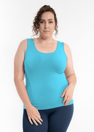 Reversible tank top, sleeveless scoop neck, aqua with curved hem