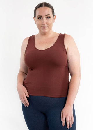 Curvy-fit reversible tank top, sleeveless scoop neck in cherry cola.