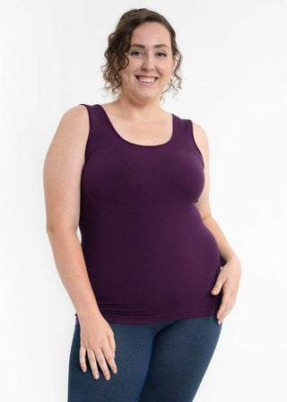 Curvy-fit reversible tank top, eggplant purple, scoop neck, sleeveless