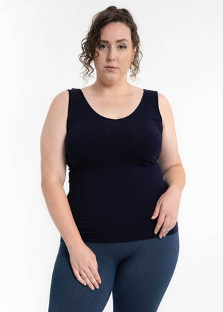 Curvy-fit reversible tank, navy scoop-neck sleeveless top with fitted waist
