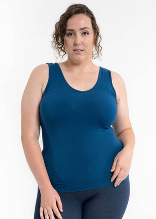 Reversible tank top, teal blue curvy fit with scoop neckline and sleeveless design