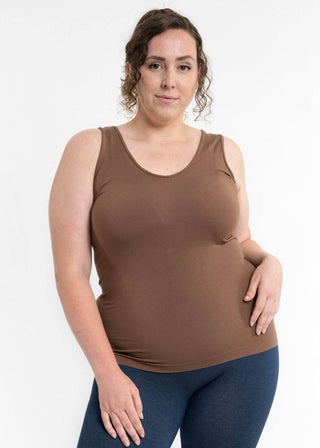 Toffee brown scoop-neck tank, sleeveless with fitted curvy fit.