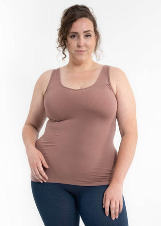 Reversible tank top in mauve with scoop neck and sleeveless racerback style