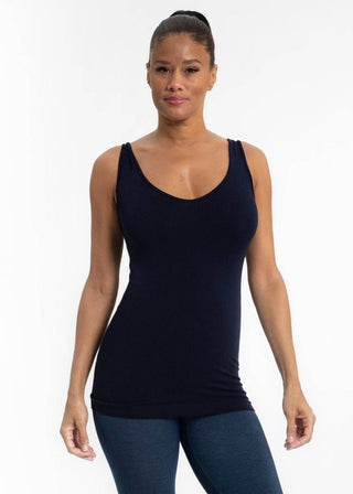 Reversible tank, sleeveless scoop-neck, dark navy, fitted with straight hem