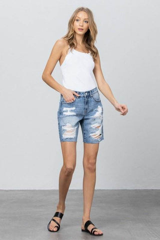 Ripped Raw Hem Bermuda Denim Shorts - Just Believe Boutique