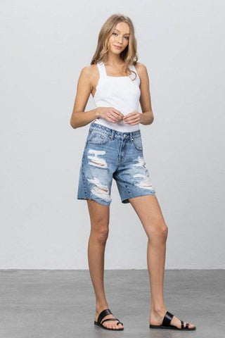 Ripped Raw Hem Bermuda Denim Shorts - Just Believe Boutique