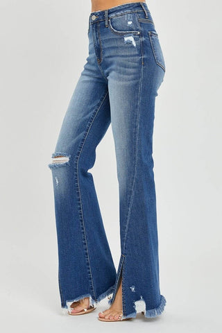 RISEN Full Size High Rise Front Slit Frayed Hem Flare Jeans - Just Believe Boutique